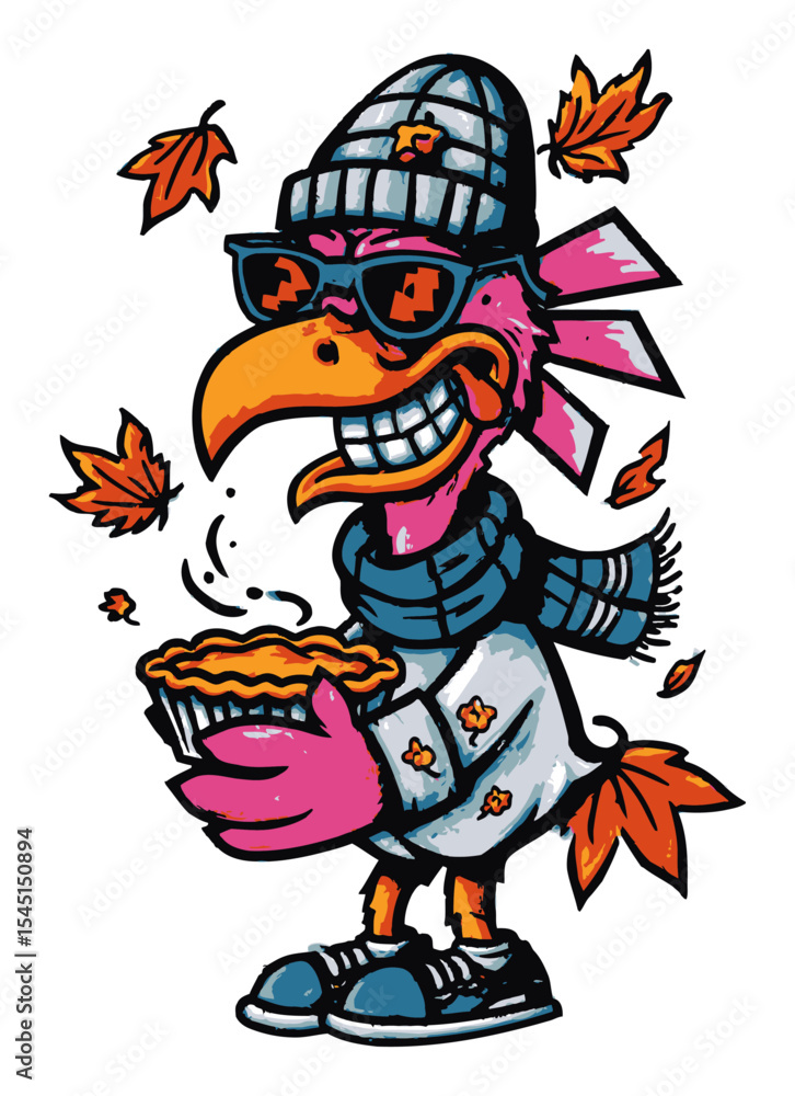 Fototapeta premium Colorful Cartoon Bird with Sunglasses and Pie in Autumn Setting