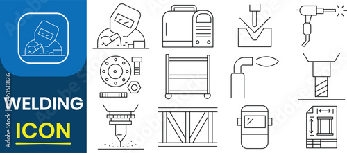 Welding icon set. Welding line icon set graphic design. Gas welding, welder, mechanical and more. Welding machine tool collection Icon vector set. Vector illustration.