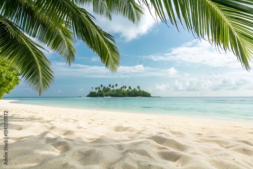 Fototapeta Naklejka Na Ścianę i Meble -  Tropical island beach scene with palm trees and white sand