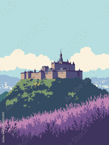 Edinburgh, United Kingdom - Edinburgh Castle, Royal Mile, Arthur’s Seat in castle stone, mile grey, heather purple, and sky blue
