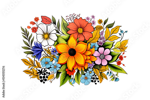 Vibrant Floral Bouquet of Colorful Blooms and Leaves png