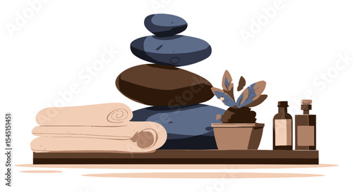 Tranquil Spa Arrangement with Rocks, Towels, and Aromatherapy Products
