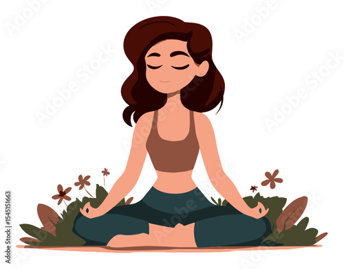 Peaceful Cartoon Woman Meditating in Nature Surrounded by Flowers