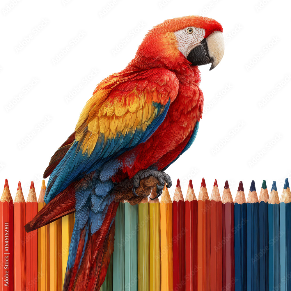 Fototapeta premium Vibrant parrot perched among colorful pencils artistic workspace wildlife studio setting close-up creativity unleashed