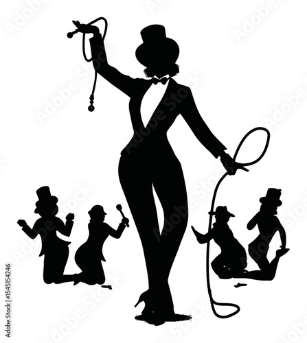 Elegant Silhouette of a Ringmaster with Performing Characters in Background