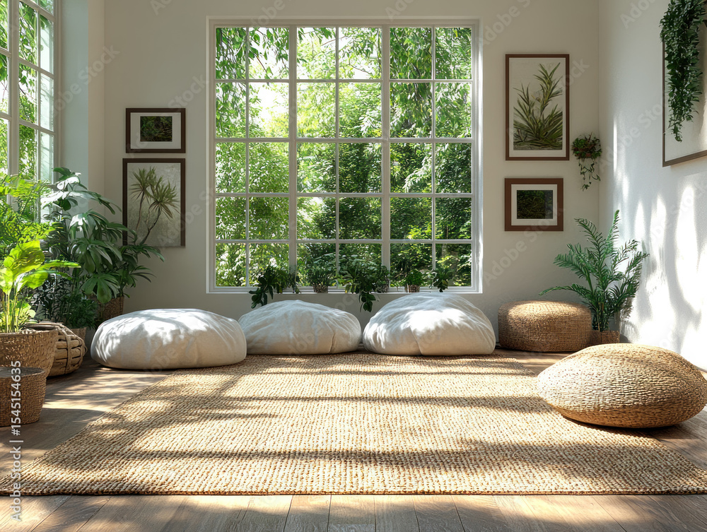 Bright minimalist room with large windows, floor cushions, natural decor, and indoor plants, promoting relaxation, mindfulness, and eco-friendly living.
