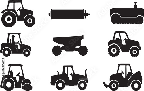 Vehicle Silhouette Icons Set – Tractor, Roller, Dumper, Forklift