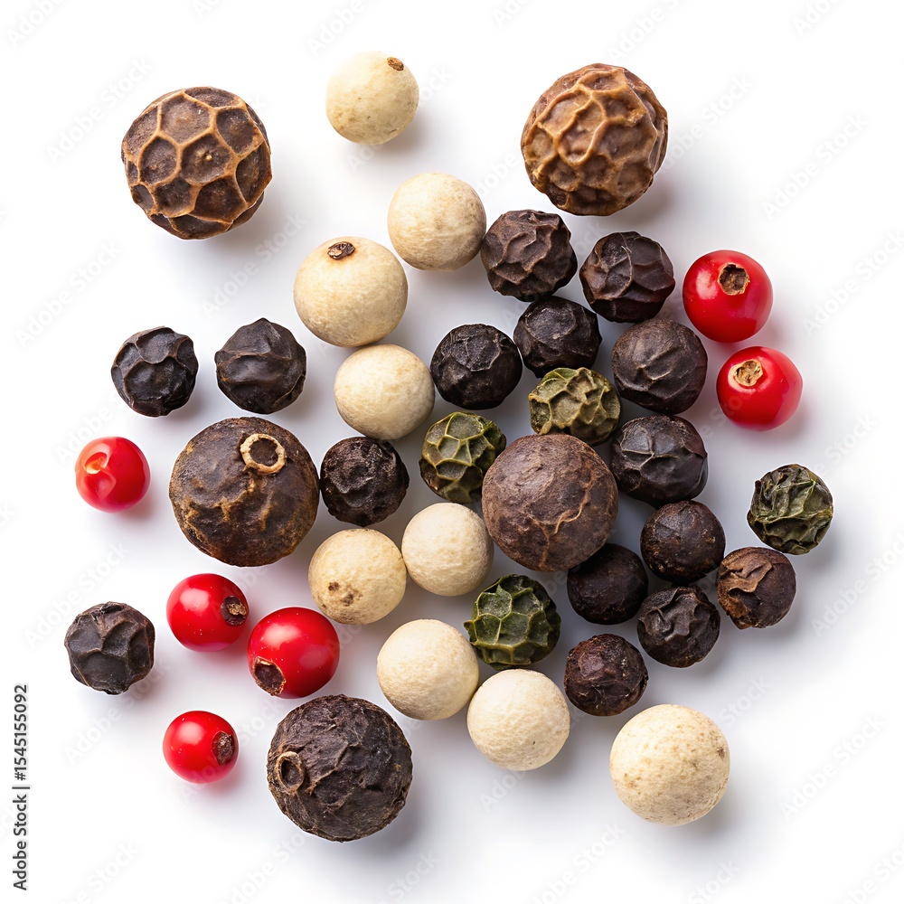 Obraz premium Assortment of peppercorns isolated on white background