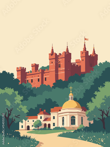 Colchester, United Kingdom - Colchester Castle, Mercury Theatre, Hollytrees Museum in castle red, theatre gold, garden green, and cream