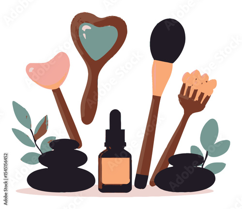 Cute Cartoon Spa and Skincare Tools with Natural Elements in Vector Design
