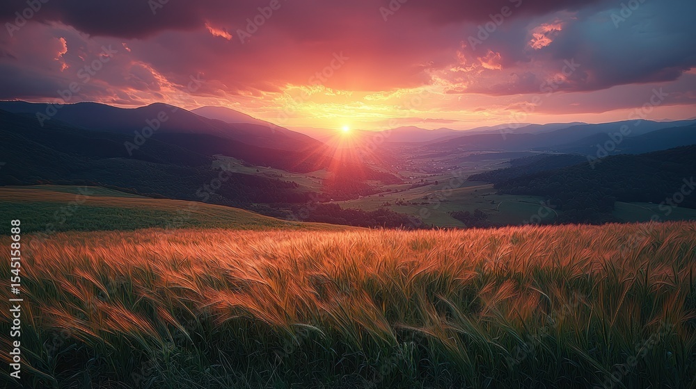 Fototapeta premium Sunrise or sunset over a golden field with mountains