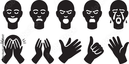 Black and White Line Art Illustration of Human Faces and Hands Expressing Various Emotions and Gestures