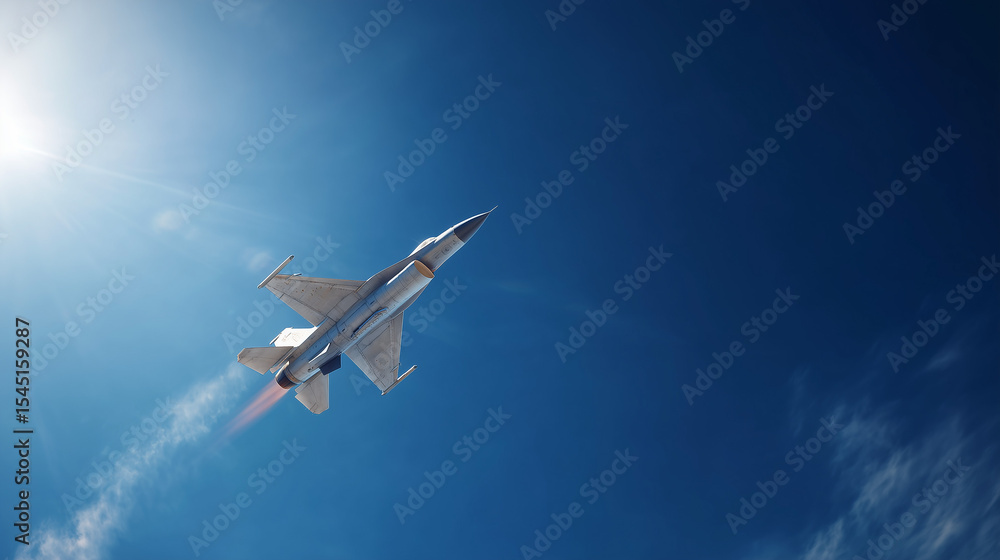 Naklejka premium A fighter jet soaring through a clear blue sky. Captures speed, power, and precision in aviation technology with a strong military and aerial presence.