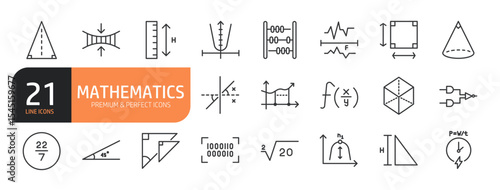 Set of line icons related to mathematical formulas and more. Outline icons collection. Editable stroke. Vector illustration.