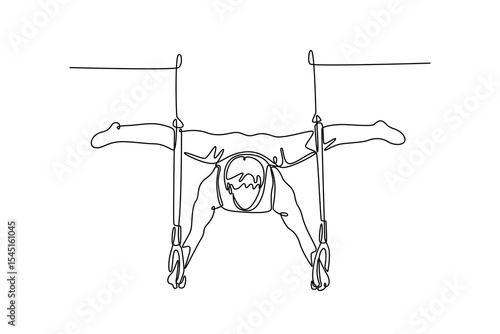 Continuous one line drawing strong male gymnast athlete looking down while doing calisthenics core stability exercise with gymnastics rings in gym. Single line draw design vector graphic illustration