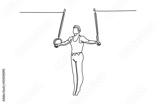 Single continuous line drawing young male athlete training with gymnastics rings in fitness gym. Fit sportsman perform stunt in sports clothes. Dynamic one line draw graphic design vector illustration