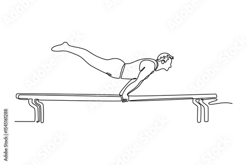 Continuous one line drawing fit male gymnast performing handstand on parallel bars in professional gym. Doing calisthenics core stability exercise. Single line draw design vector graphic illustration