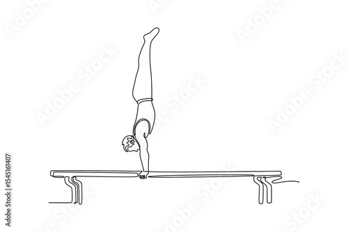 Single continuous line drawing male gymnast performing upside down handstand parallel bars in arena. Movement, action, motion, dynamic concept. Dynamic one line draw graphic design vector illustration