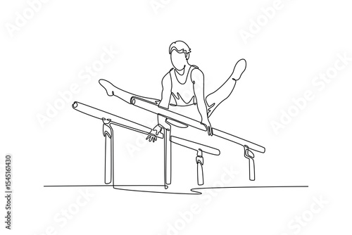 Single continuous line drawing male gymnast training in gym, flexible and active. Athlete in sportswear practicing in exercises for strength, balance. One line draw graphic design vector illustration
