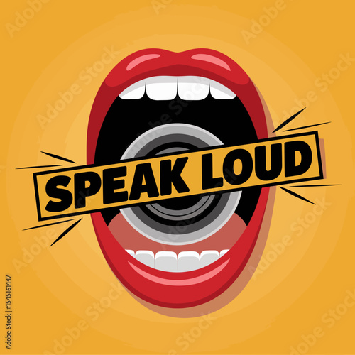 Open Mouth Speaking Loudly Red Lips Vector Illustration Graphic Design Bold Yellow Text Message Announcing Important News Broadcasting Powerful Communication Concept Marketing Advertisement Template  