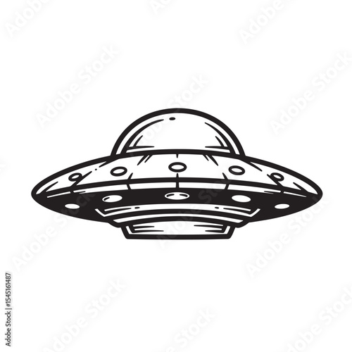 Black and white vintage art silhouette of a flying saucer ufo spacecraft isolated on white background