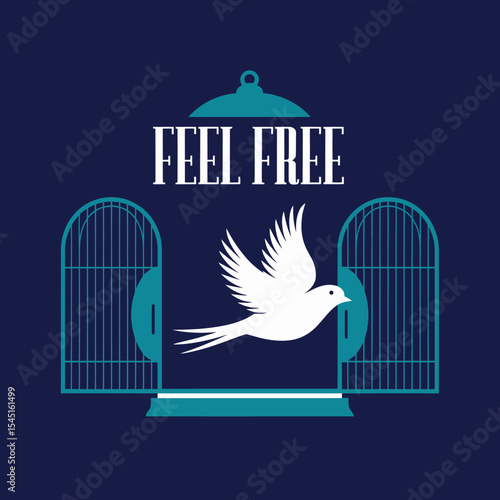 White Dove Freedom Bird Open Cage Teal Graphic Design Inspirational Freedom Hope Peace Symbolism Vector Illustration Elegant Minimalist Style Blue Background Simple Design Artistic Image Freedom      