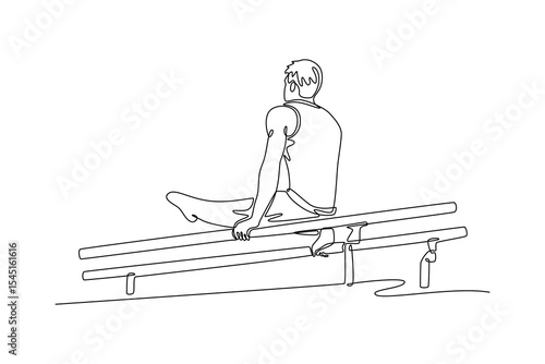 Single continuous line drawing muscular build man doing calisthenics on parallels bar indoor. Athlete practicing balance. Healthy lifestyle and power. One line draw graphic design vector illustration