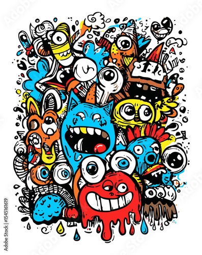 Vibrant Doodle of Colorful Monsters and Whimsical Creatures Cartoon Art