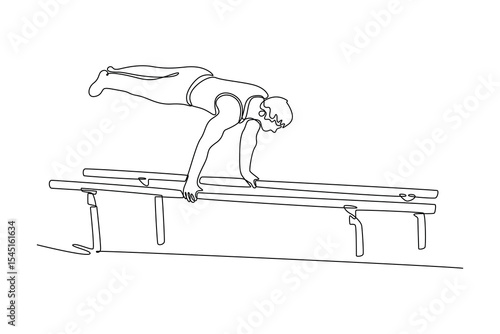 Single continuous line drawing man athlete doing handstand on parallel bars in professional gym. Fit sportsman perform stunt in sports clothes. Dynamic one line draw graphic design vector illustration