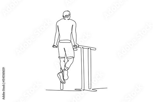 Single continuous line drawing muscular male gymnast exercising on parallel bars in modern health club. Strong gymnast perform stunt in sports clothes. One line draw graphic design vector illustration