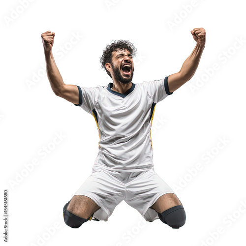 Ecstatic Male Soccer Player Sliding on Knees in Goal Celebration – Arms Raised and Joyful Expression, Isolated on Transparent Background for Sports Branding and Victory Themes