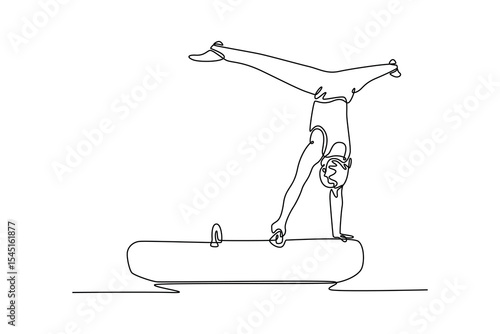 Single one line drawing male gymnast performing on pommel horse in national gymnastic competition. Man athlete doing handstand on horse. Modern continuous line draw design graphic vector illustration