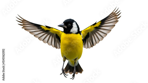 Eurasian siskin displaying its vibrant colors and graceful wings in mid-flight against a clear background