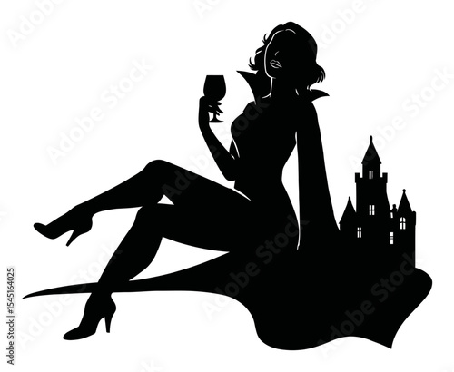 Elegant Silhouette of a Woman with Glass near Castle in Black and White