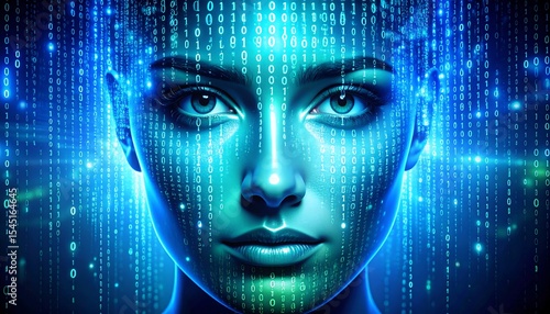Futuristic Woman Face Emerging from Binary Code Digital Art