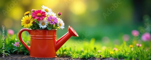 A cheerful, vibrant springtime watering can brimming with colorful wildflowers, ready to nurture a garden Perfect for blogs, websites, and spring-themed projects , green, floral, new life