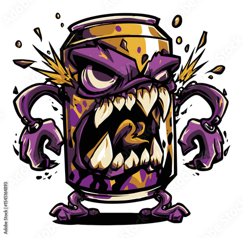 Angry Cartoon Monster Can with Sharp Teeth and Explosive Energy Design
