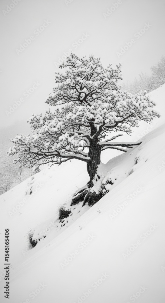 Fototapeta premium Lone snow-covered tree on a wintery hillside