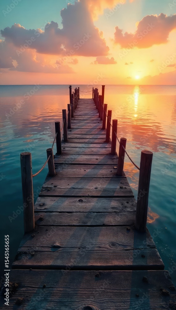 Fototapeta premium A rustic wooden pier stretches out over calm, blue water, bathed in the warm glow of sunset Ideal for travel, vacation, or coastal themed projects Serene and tranquil scene , wooden, landscape