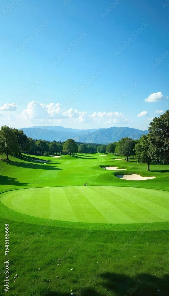 Fototapeta premium A scenic golf course background featuring lush green fairways, sand traps, and distant rolling hills under a clear blue sky, perfect for golf-related projects , sunlight, color