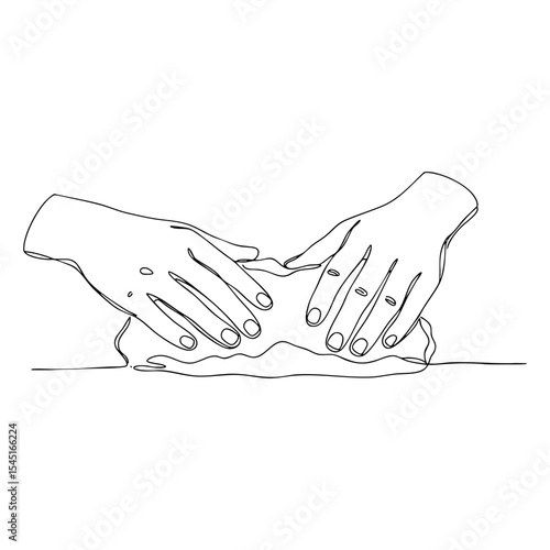 Vector line art of two hands kneading soft clay on a flat surface, illustrated in minimal continuous line style for pottery or sculpting themes