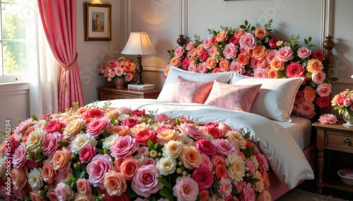 A whimsical bed entirely covered in a vibrant, overflowing bouquet of flowers, creating a romantic and dreamy scene Perfect for floral, bedroom, spring, and fantasy themes , fairytale, art, petals