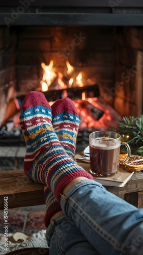Cozy fireplace scene with hot chocolate and socks for winter holiday relaxation and comfort feeling warm