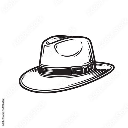 Vintage art silhouette of a classic fedora hat in black and white illustration