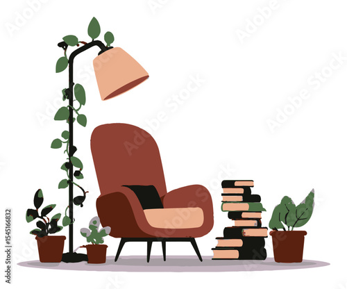 Cozy Cartoon Living Room with Plants and Vintage Chair Design