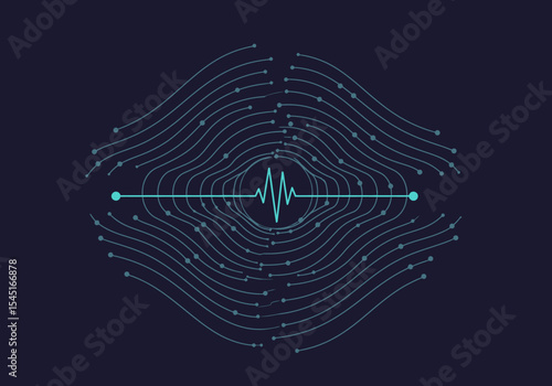 Abstract illustration of a pulse wave with radiating lines and dots on a dark background.