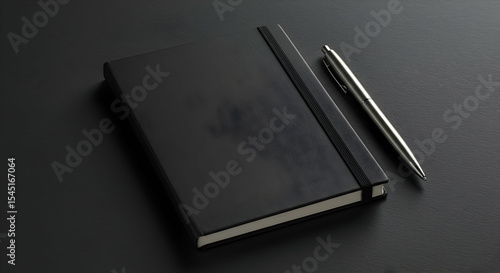 Black notebook with pen mock up template for branding identity and stationery design concept flat lay style