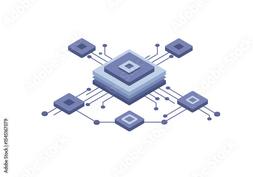 Isometric illustration of a central processing unit connected to multiple nodes, representing data flow and network.