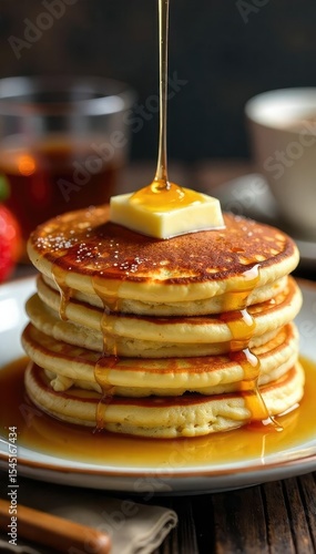 Wallpaper Mural Golden brown fluffy pancakes stacked high on a plate, drizzled with maple syrup and butter, ready to be enjoyed A perfect breakfast treat , dietary, breakfast food Torontodigital.ca
