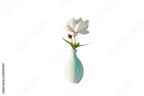 Delicate white flower in a light blue vase against a plain background showcasing simplicity and elegance